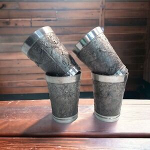 Embossed Zinn Pewter Cups Set Of 4 Hunting Dog Elk German Gift Medieval Stamped